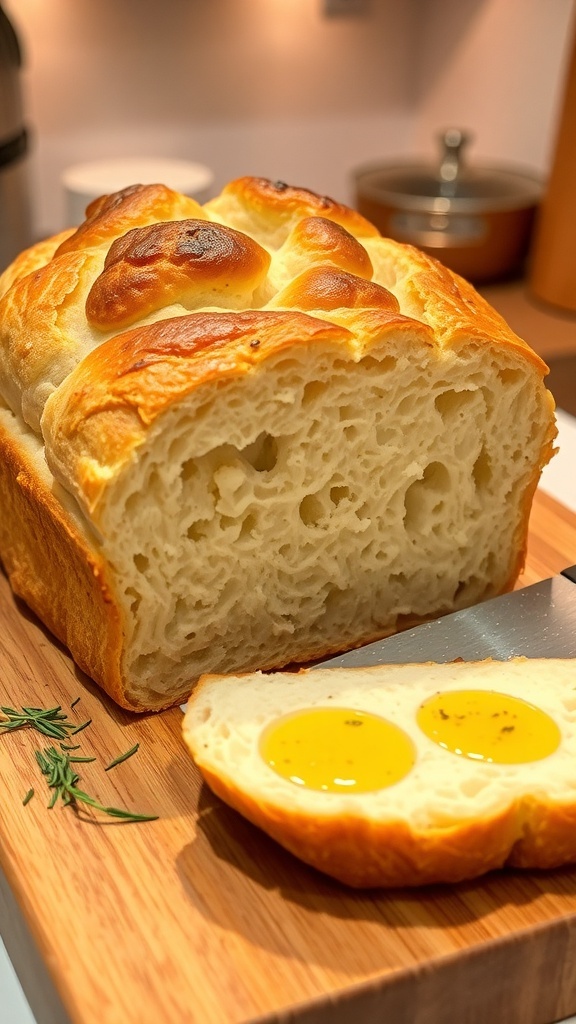Simple No-Dutch-Oven Homemade Bread Recipe A golden-brown loaf of homemade bread sliced on a wooden board, with olive oil and herbs in the background.